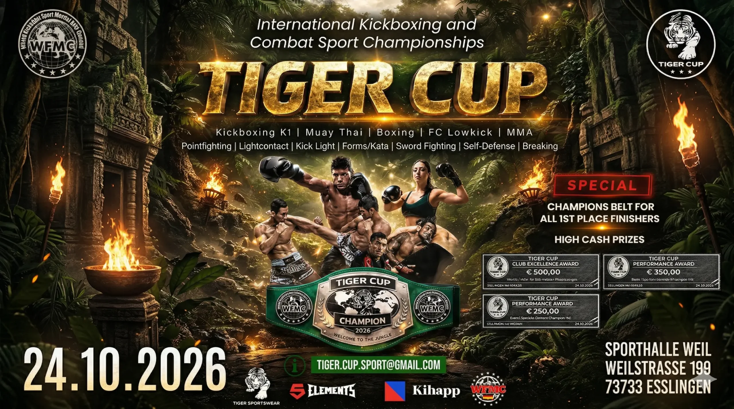 Ein Flyer für den Tiger Cup 2026 mit allen wichtigen Informationen zum Kampfsport Tunier am 24.10.2026 und Preisgeldern.